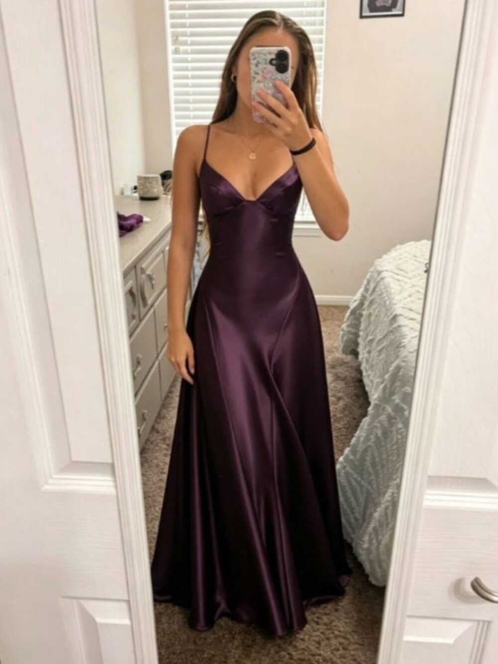 Women's Bold Plum Satin Maxi Dress Spaghetti Strap Wedding Guest Formal Gown - Picture 6 of 7